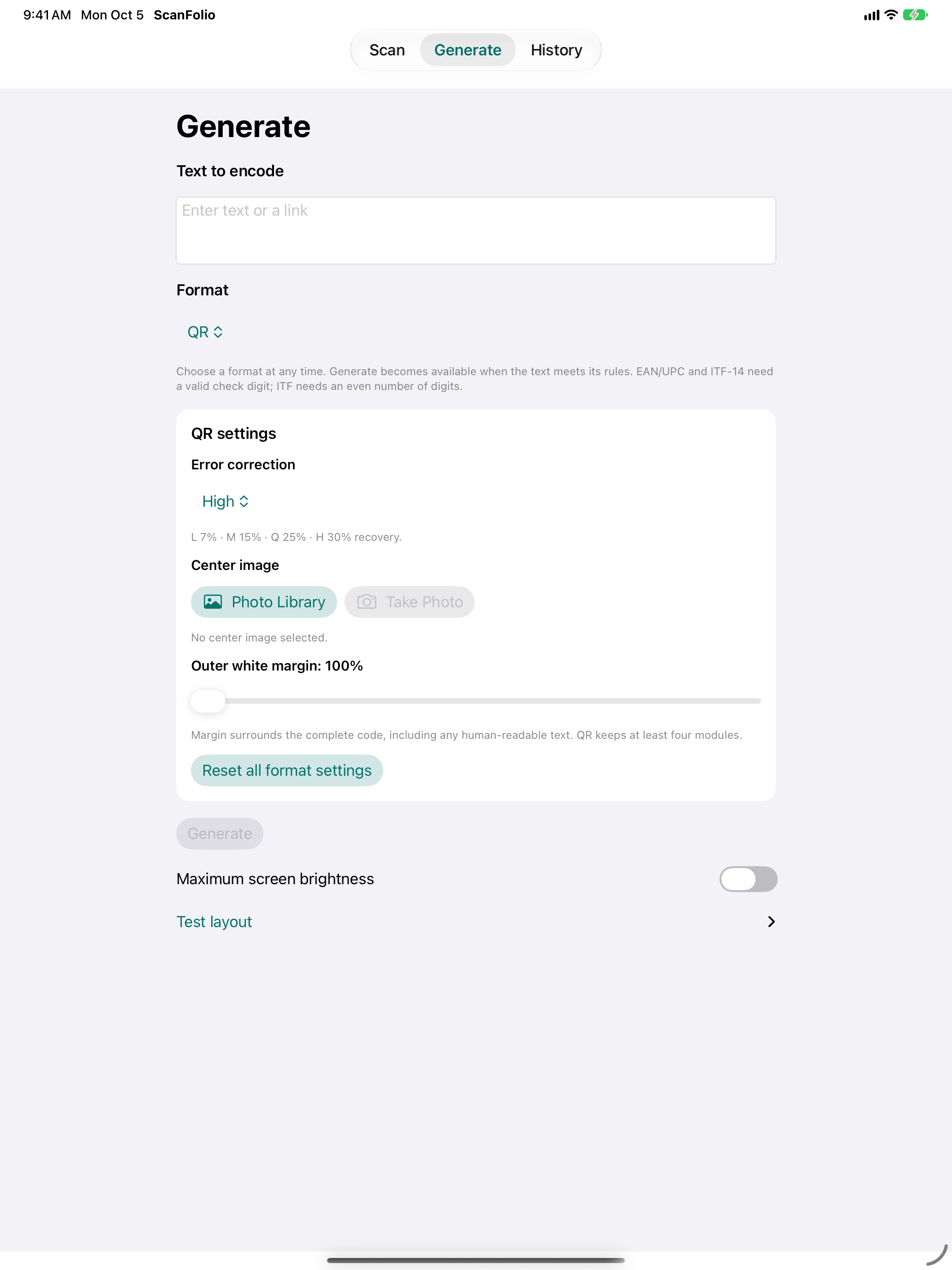 Screenshot detail: Generate format picker